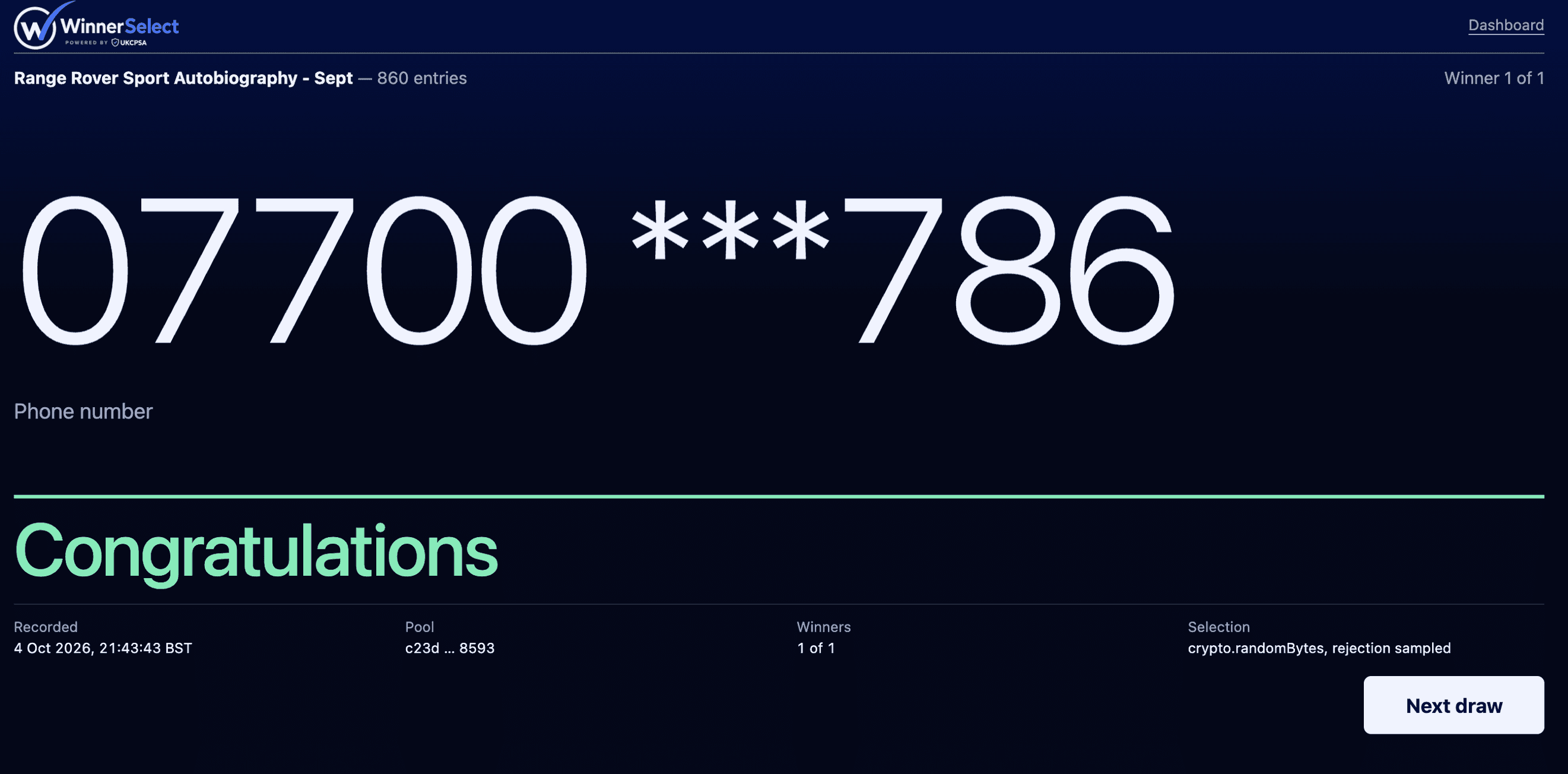 A completed phone number draw in WinnerSelect: the winning number shown masked as 07700 ***786 from 860 entries in a Range Rover draw, Congratulations, and the record beneath it showing when it was recorded, the pool fingerprint, the winner count and the selection method