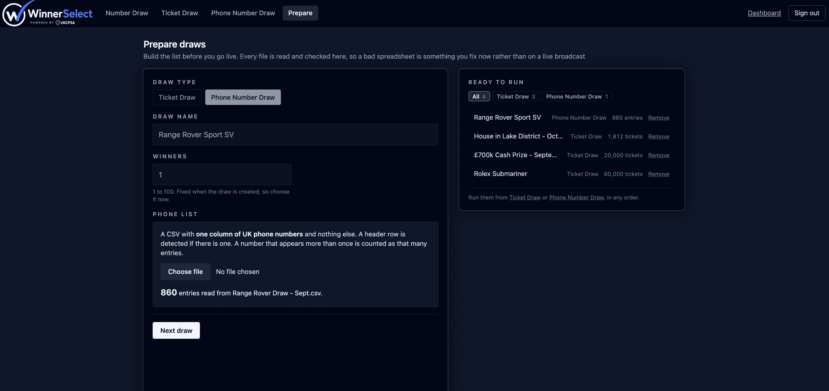 The Prepare draws screen in WinnerSelect set to Phone Number Draw: a draw name field, a winners field set to 1, and a phone list upload asking for a CSV with one column of UK phone numbers, beside a Ready to run panel listing the draws already prepared and waiting