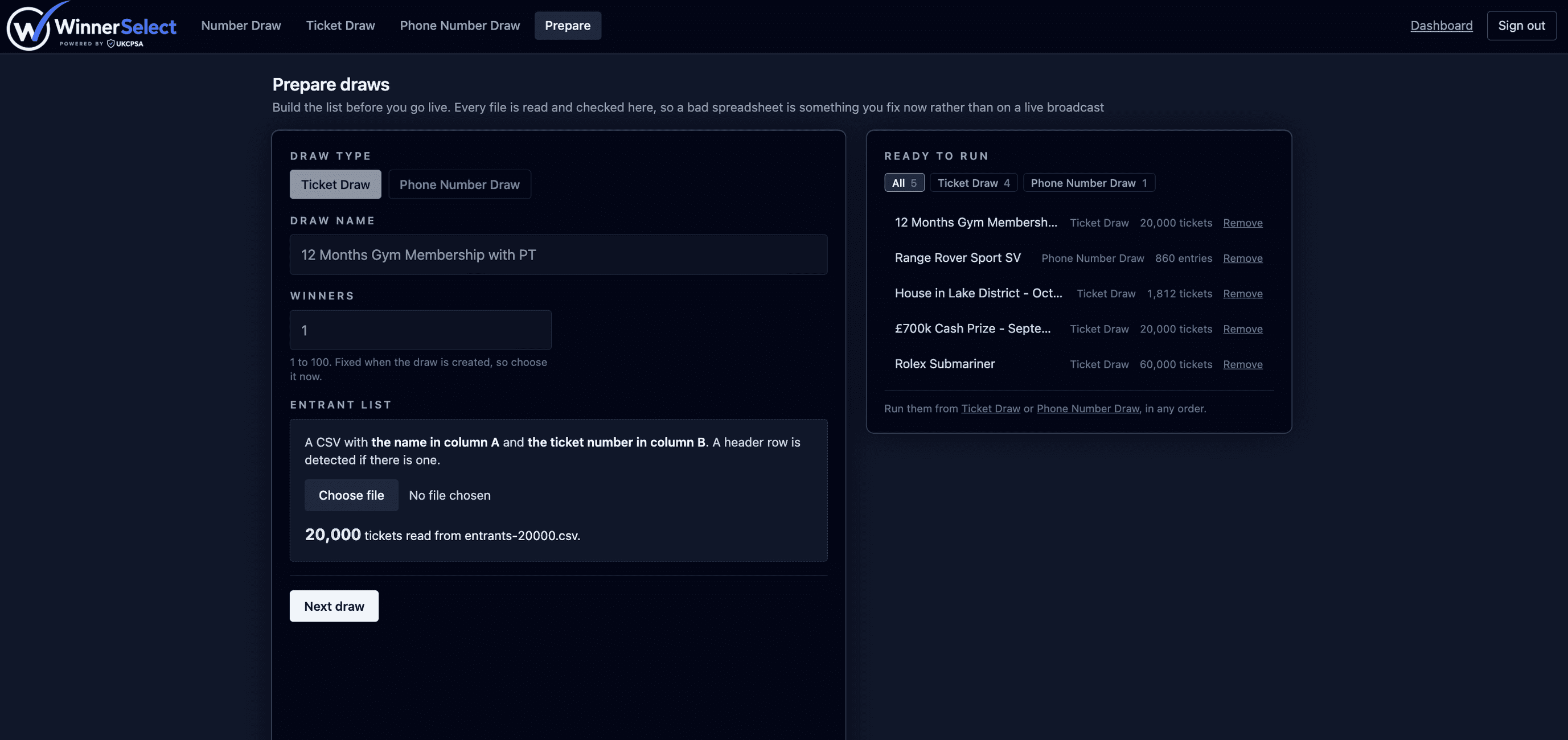 The Prepare draws screen in WinnerSelect: a draw name field, a winners field set to 1, and an entrant list upload asking for a CSV with the name in column A and the ticket number in column B, beside a Ready to run panel listing the draws already prepared and waiting