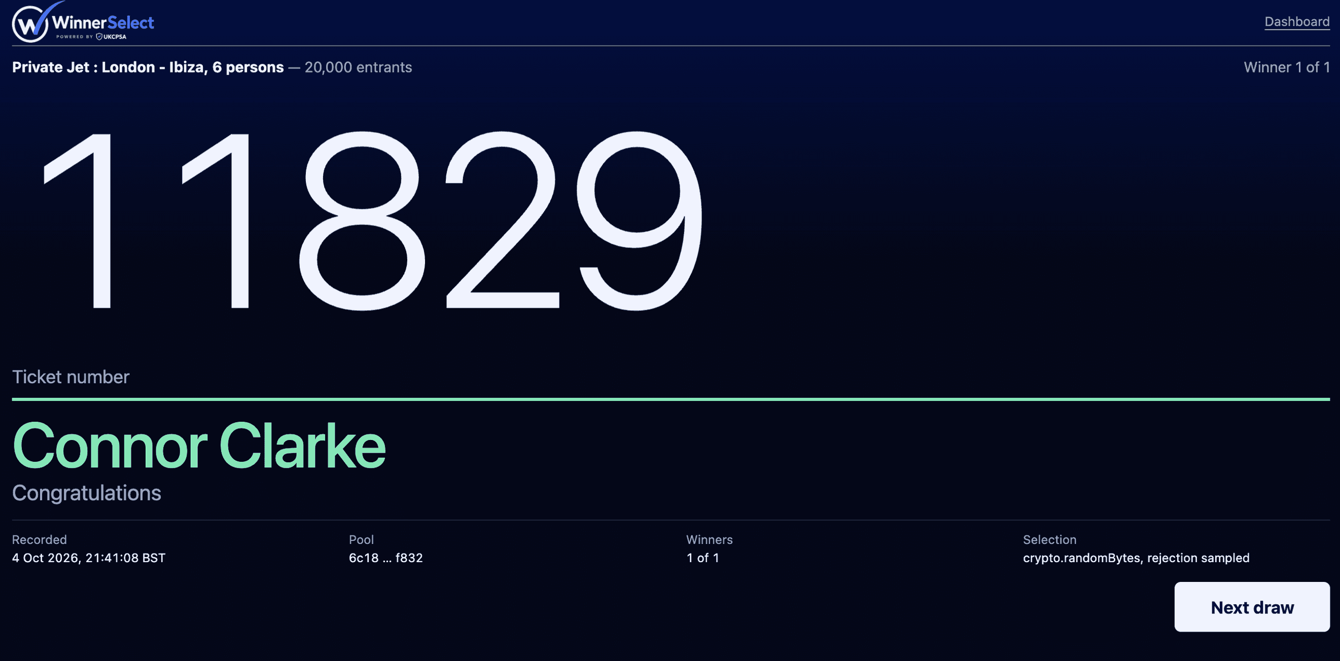 A completed ticket draw in WinnerSelect: winning ticket 11829 from 20,000 entrants in a private jet draw, the winner's name, Congratulations, and the record beneath it showing when it was recorded, the pool fingerprint, the winner count and the selection method