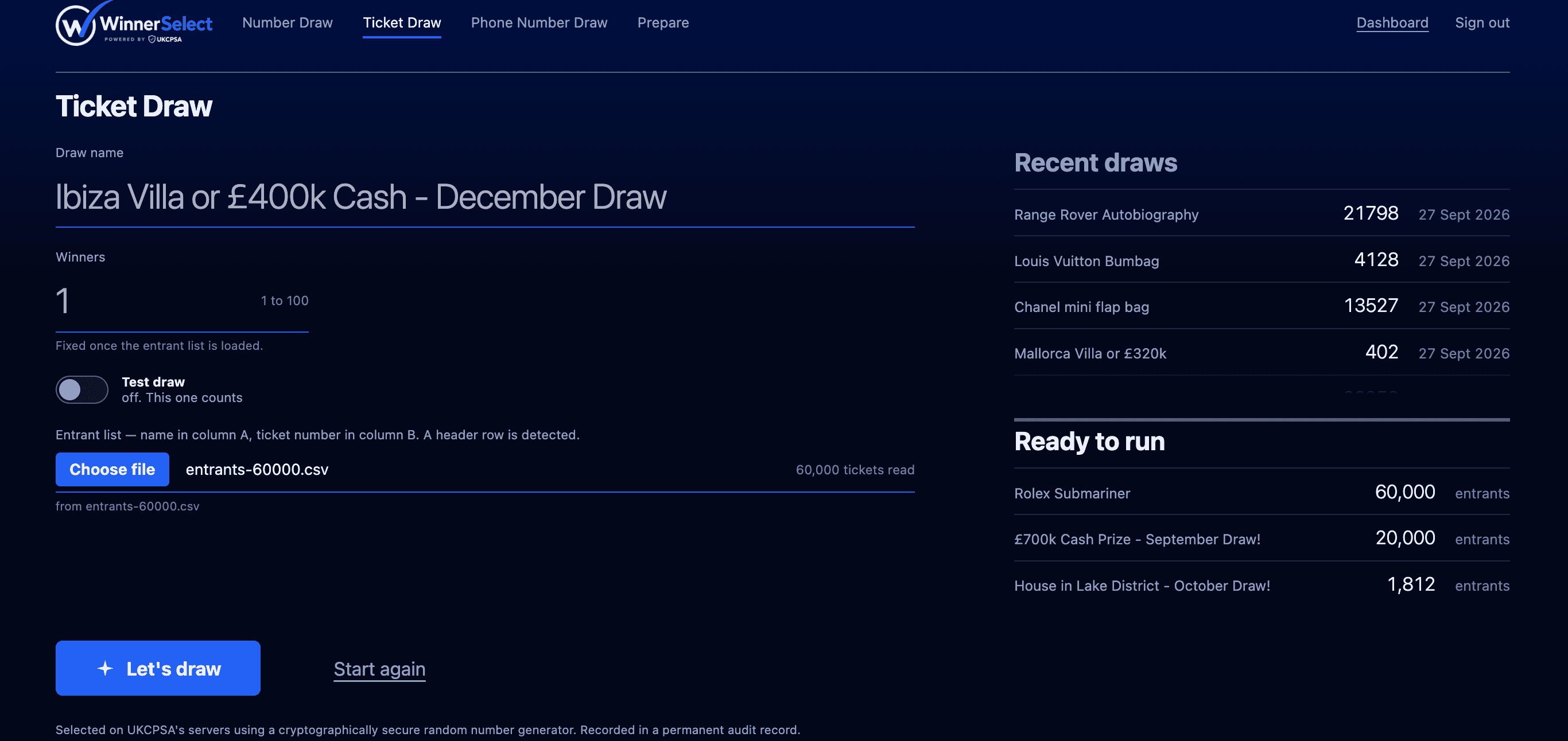 Ticket Draw in WinnerSelect, set up and ready to run: a December draw for an Ibiza villa or a cash prize, one winner, the test-draw switch off, a CSV of entrants loaded with 60,000 tickets read, and the Let's draw button, beside lists of recent draws and draws ready to run