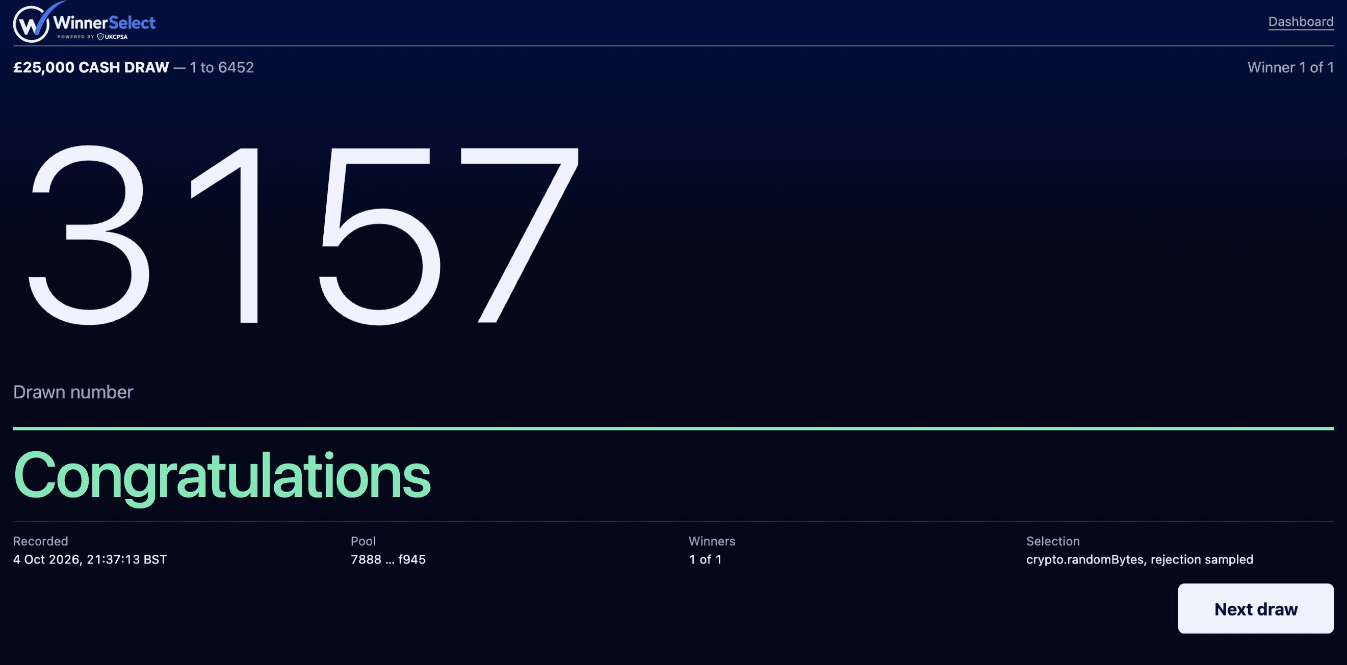 A completed number draw in WinnerSelect: the drawn number 3157 from the range 1 to 6452, Congratulations, and the record beneath it showing when it was recorded, the pool fingerprint, the winner count and the selection method